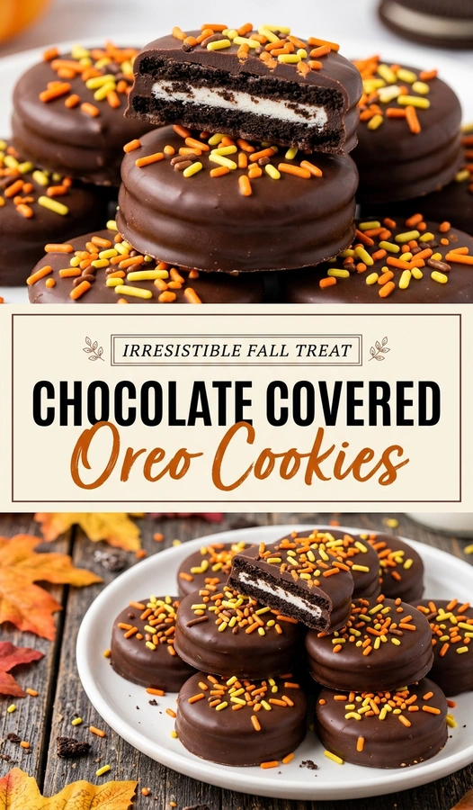 Chocolate covered Oreo cookies drizzled with melted chocolate and topped with orange and white autumn-themed sprinkles on a platter.