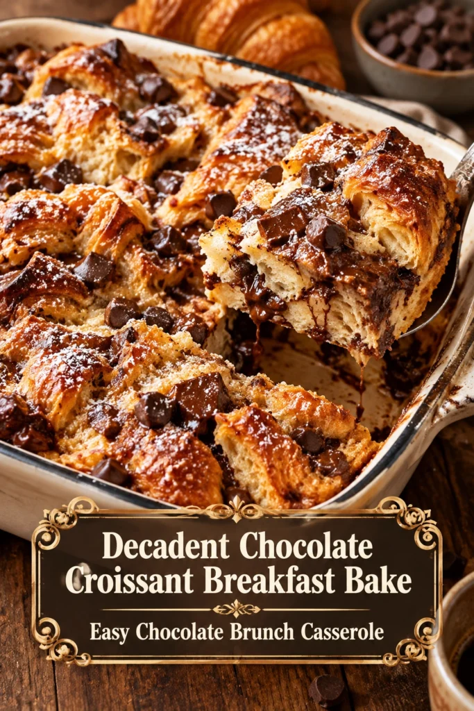 Golden brown chocolate croissant breakfast bake in a baking dish, topped with melted chocolate chunks and a dusting of powdered sugar.
