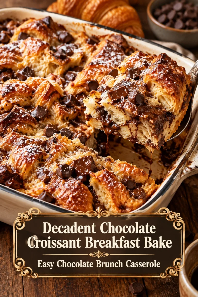 Golden brown chocolate croissant breakfast bake in a baking dish, topped with melted chocolate chunks and a dusting of powdered sugar.