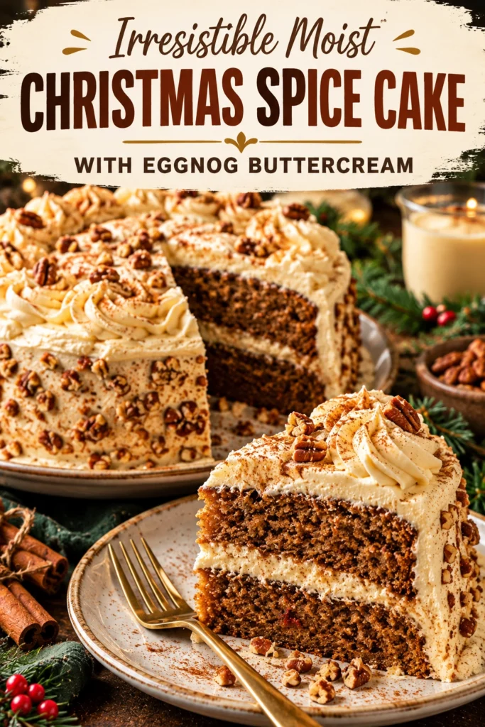 A slice of moist spice cake topped with swirls of eggnog buttercream frosting, garnished with a cinnamon stick.