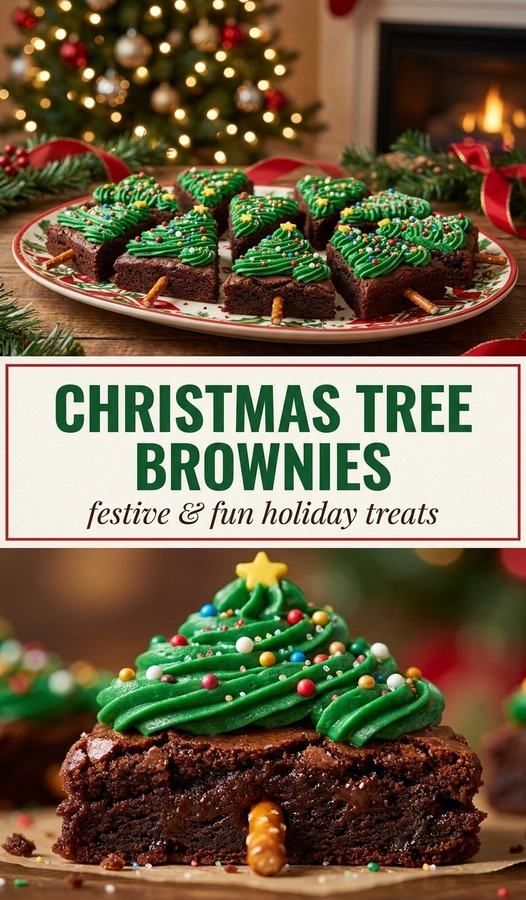 Chocolate brownie squares arranged in a tree shape, topped with green frosting and colorful sprinkles on a white platter.