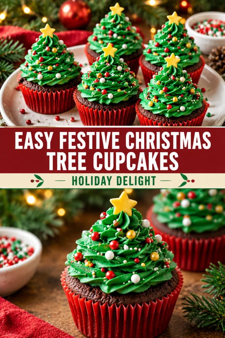 Vanilla cupcakes topped with green frosting piped into Christmas tree shapes and decorated with colorful sprinkles and a star.