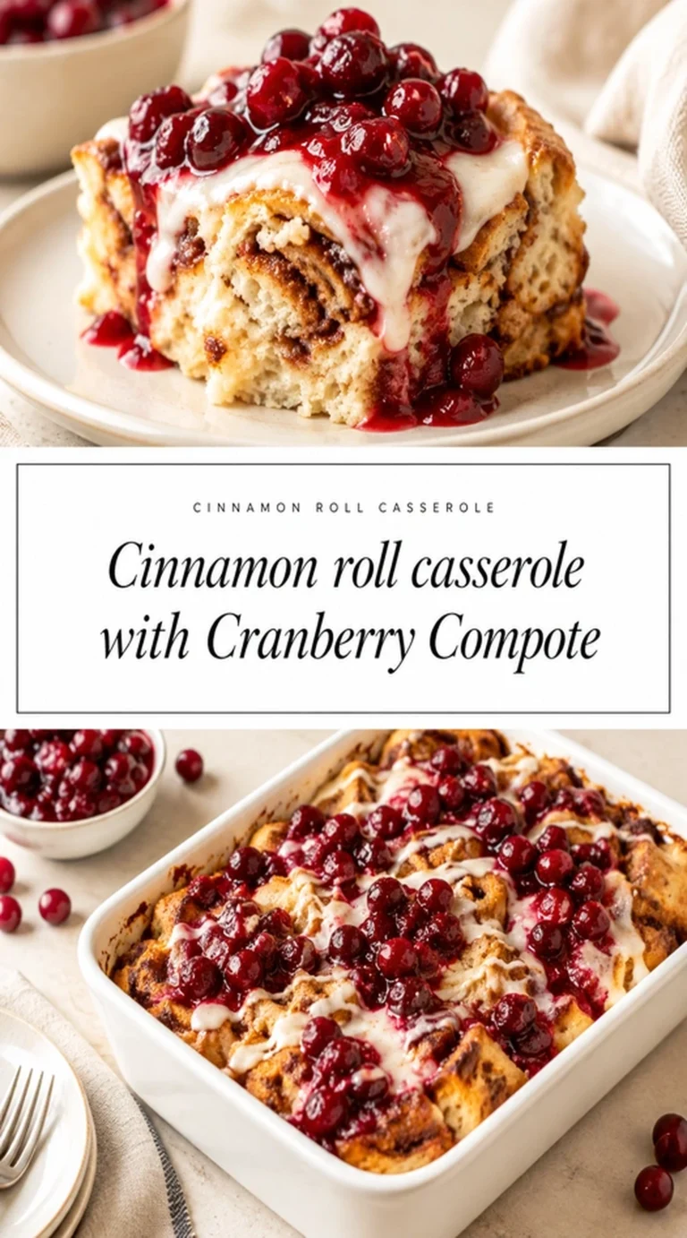 Baked cinnamon roll casserole topped with white icing and a spoonful of deep red cranberry compote in a baking dish.