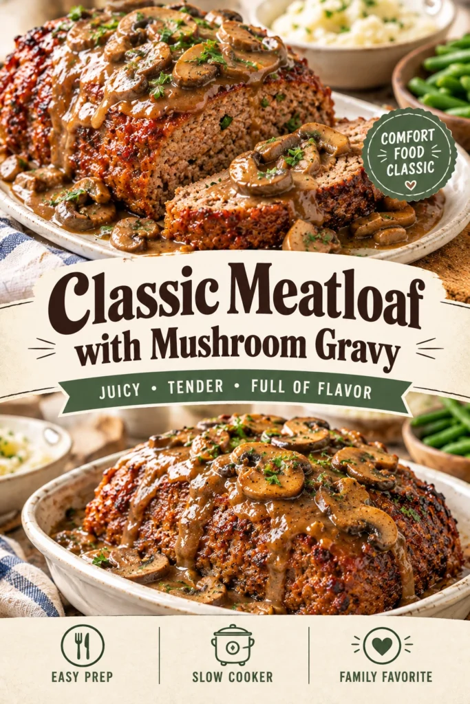 Sliced classic meatloaf topped with savory brown mushroom gravy, served on a white platter with a side of mashed potatoes.