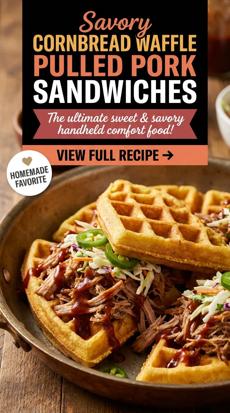 Two pulled pork sandwiches on cornbread waffles topped with coleslaw, served on a platter with side of corn.