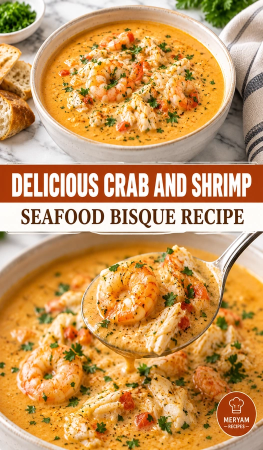 Creamy orange seafood bisque in a white bowl topped with cooked shrimp, lump crab meat, and fresh parsley.