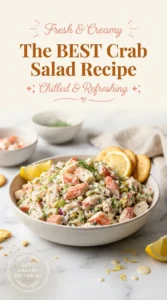 Creamy crab salad with celery and green onions, served in a white bowl and garnished with fresh parsley.