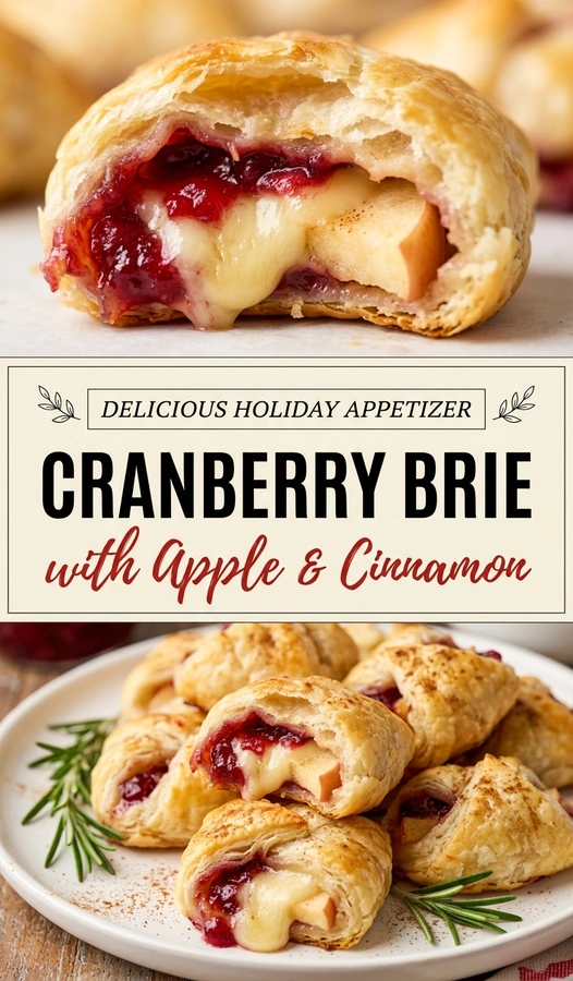 Mini phyllo pastry cups filled with melted brie cheese, topped with tart cranberries, diced apples, and a sprinkle of cinnamon.