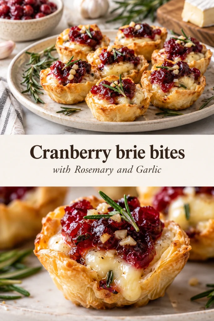 Small puff pastry cups filled with melted brie cheese, topped with tart cranberries, minced garlic, and a sprig of rosemary.