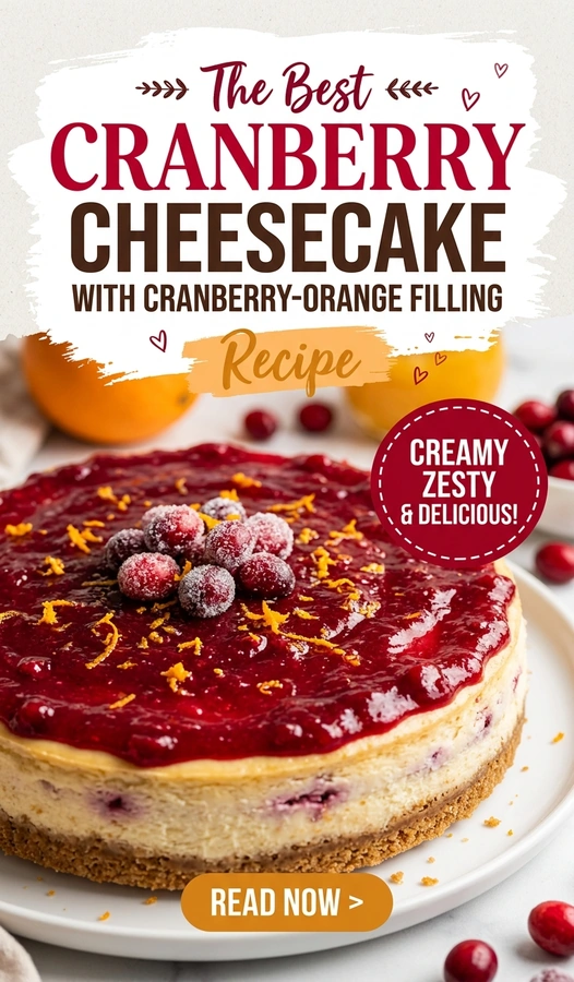 A slice of creamy cheesecake on a graham cracker crust topped with a glossy cranberry orange fruit glaze.