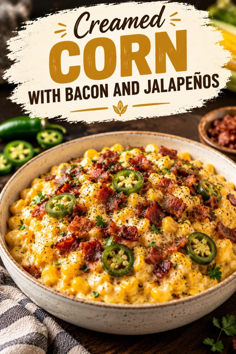 A white bowl of creamy corn topped with crispy bacon bits, sliced fresh jalapeños, and chopped green onions.