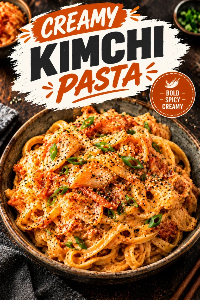Creamy orange-hued kimchi pasta in a bowl, topped with chopped green onions and toasted sesame seeds.