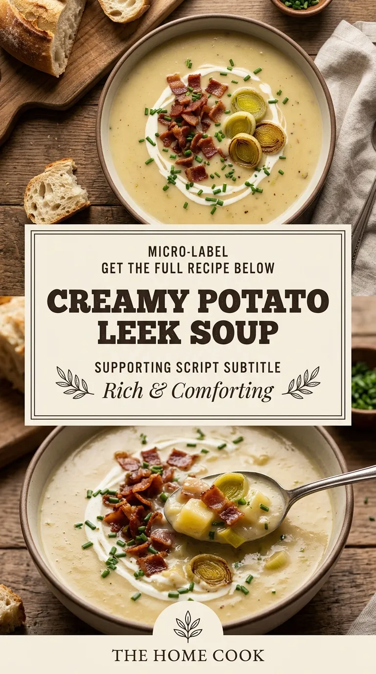 A bowl of creamy potato leek soup garnished with sliced leeks, fresh chives, and a swirl of cream.
