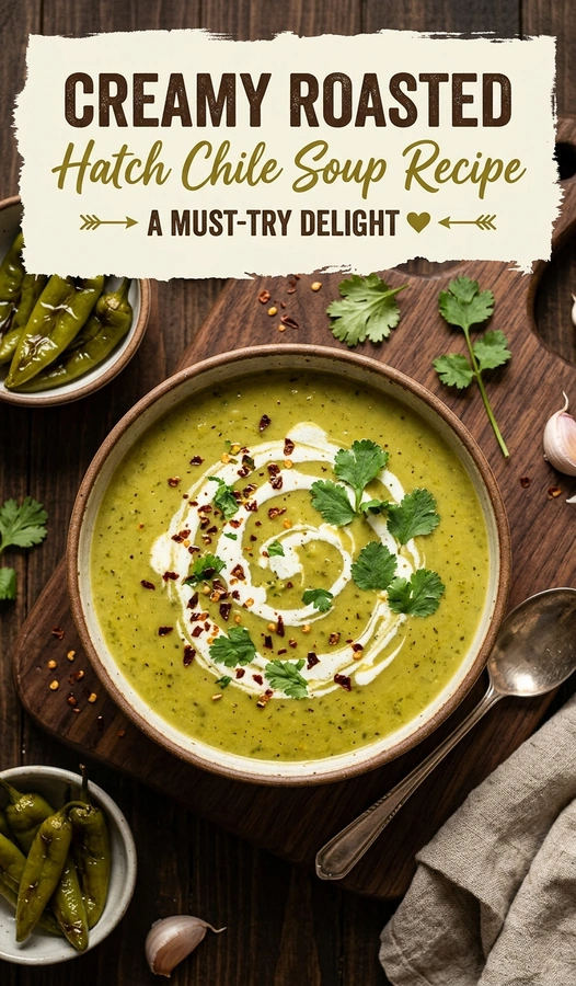 A bowl of creamy roasted hatch chile soup topped with a swirl of cream, fresh cilantro, and sliced chiles.