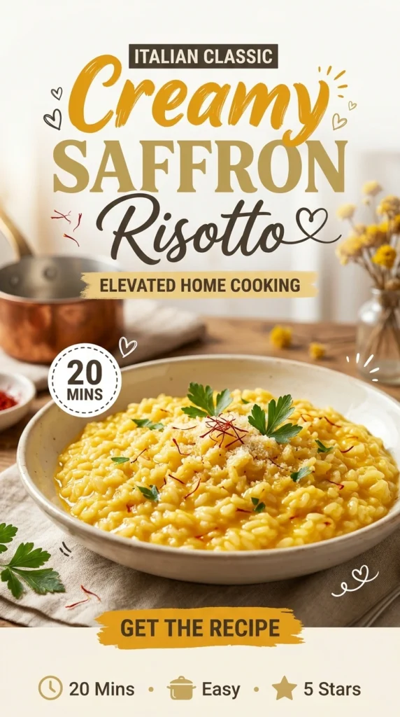 Creamy yellow saffron risotto in a white bowl, garnished with fresh parsley and grated parmesan cheese on a table.
