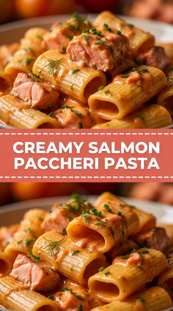Large paccheri pasta tubes in a creamy white sauce with flaked cooked salmon, garnished with fresh chopped parsley.