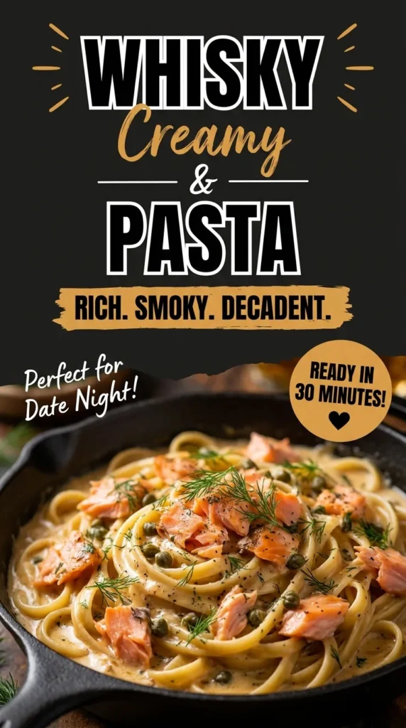 Creamy pasta tossed in a whisky sauce with pieces of smoked salmon, garnished with fresh parsley in a white bowl.