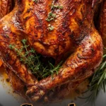 Roasted whole turkey seasoned with colorful Creole spices on a platter, garnished with fresh parsley and lemon wedges.