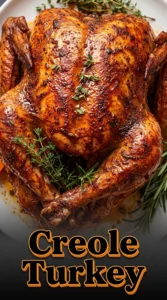 Roasted whole turkey seasoned with colorful Creole spices on a platter, garnished with fresh parsley and lemon wedges.