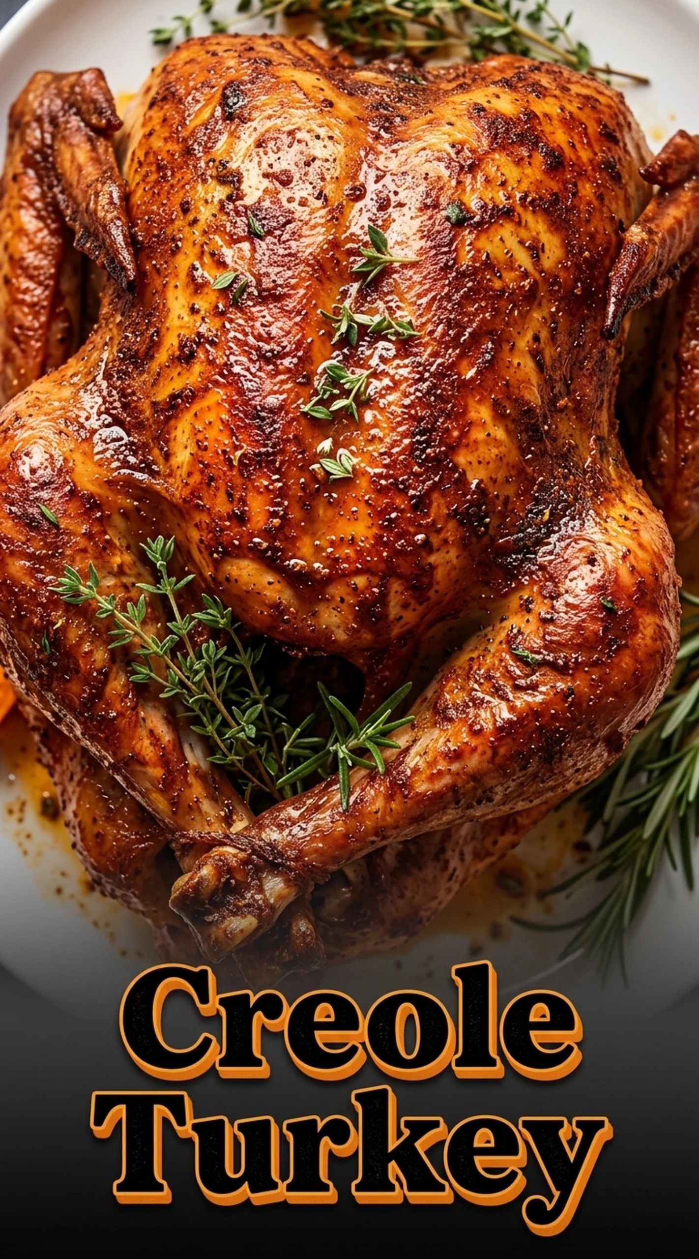 Roasted whole turkey seasoned with colorful Creole spices on a platter, garnished with fresh parsley and lemon wedges.