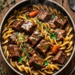 Tender chunks of slow cooked beef and wide egg noodles in a creamy brown gravy, served in a bowl.