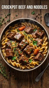 Tender chunks of slow cooked beef and wide egg noodles in a creamy brown gravy, served in a bowl.