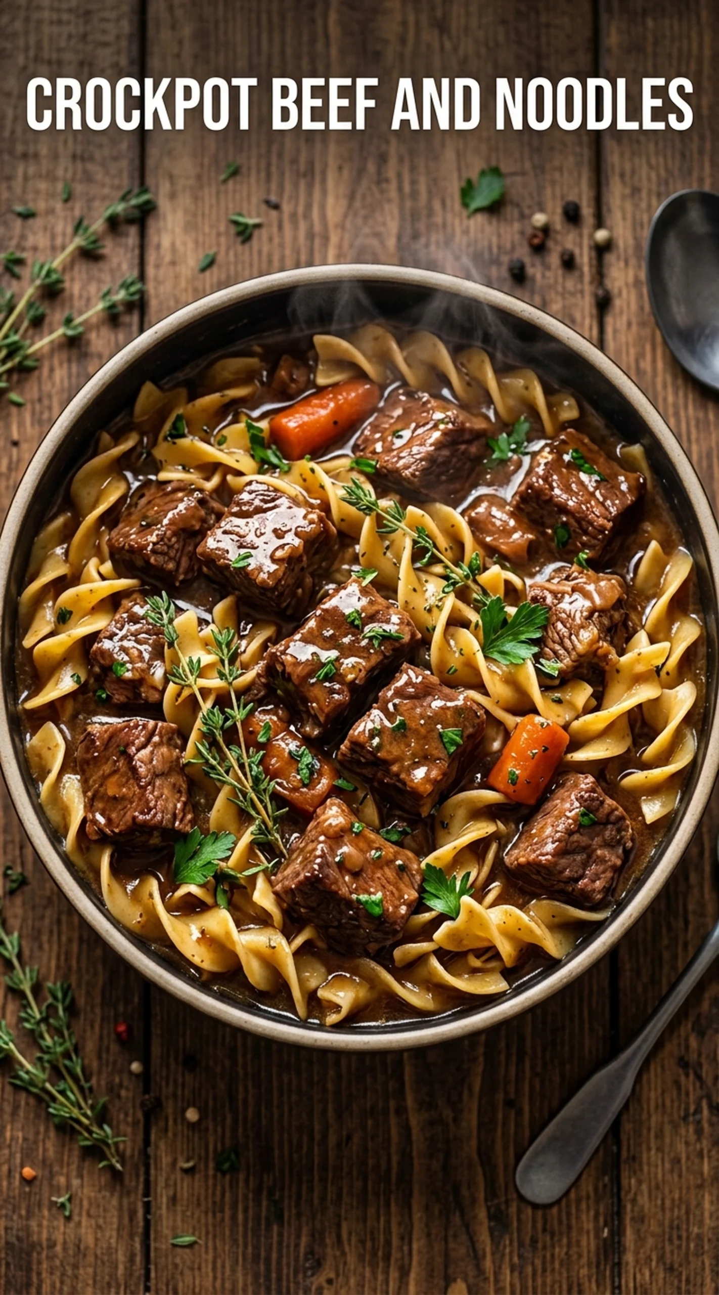Tender chunks of slow cooked beef and wide egg noodles in a creamy brown gravy, served in a bowl.