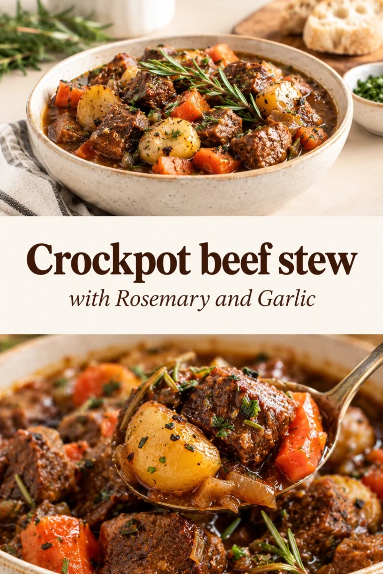 Hearty beef stew with tender chunks of beef, carrots, and potatoes in a rich brown gravy, garnished with fresh rosemary.