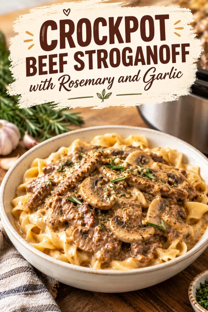 Slow cooked beef stroganoff with tender meat and mushrooms in a creamy sauce over egg noodles, garnished with rosemary.