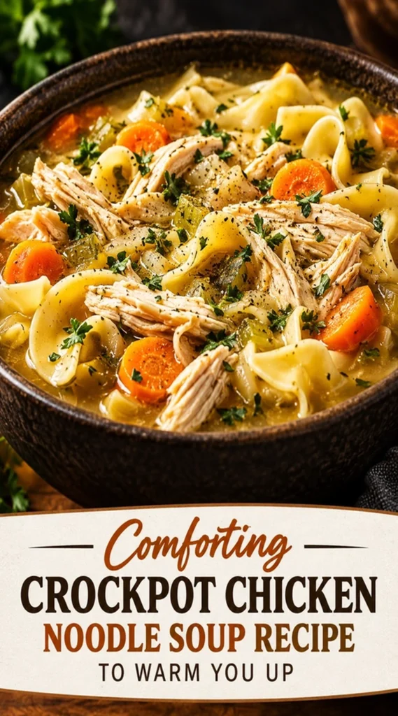 A white bowl of crockpot chicken noodle soup with thick noodles, sliced carrots, celery, and parsley in broth.