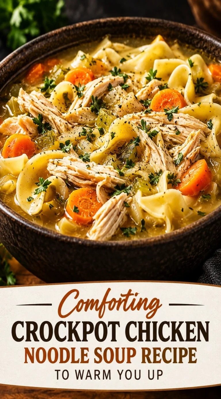 A white bowl of crockpot chicken noodle soup with thick noodles, sliced carrots, celery, and parsley in broth.