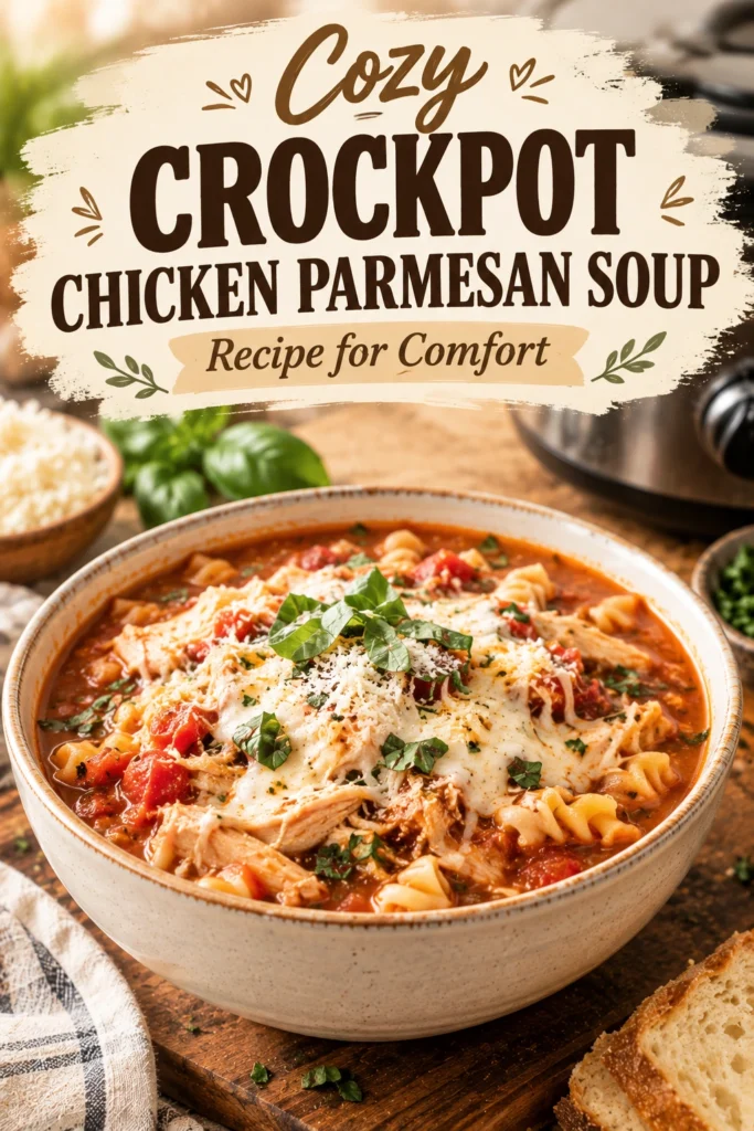 A bowl of creamy chicken parmesan soup with breaded chicken chunks, melted mozzarella cheese, and fresh parsley garnish.