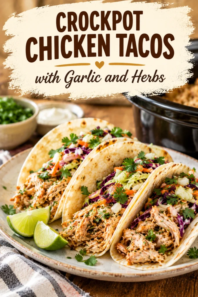 Three corn tortillas filled with shredded garlic and herb chicken, topped with fresh cilantro, diced onions, and lime wedges.