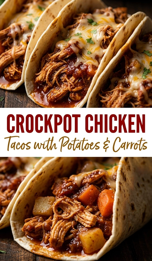 Slow cooker shredded chicken with tender potatoes and carrots served in corn tortillas, garnished with fresh cilantro and lime.