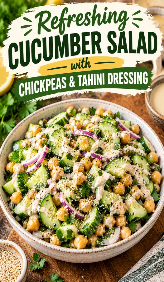 Sliced cucumbers and chickpeas in a bowl, drizzled with creamy tahini dressing and topped with fresh parsley.