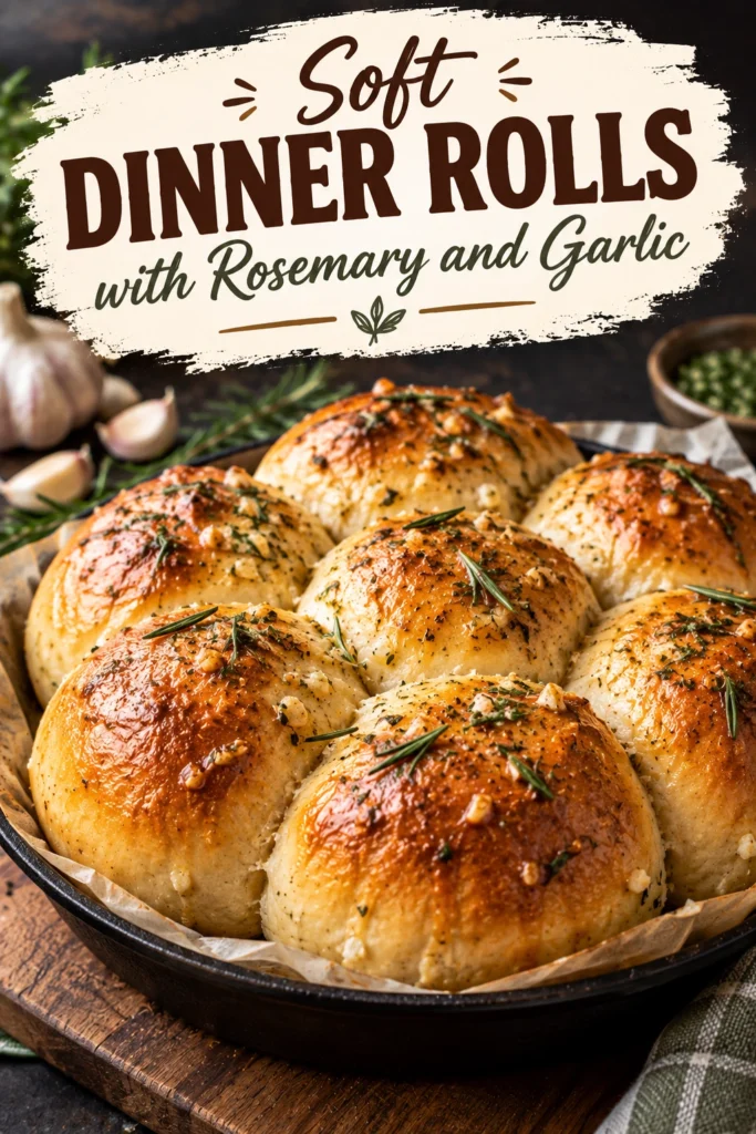 Golden brown soft dinner rolls topped with minced garlic and fresh rosemary sprigs, served warm in a rustic basket.