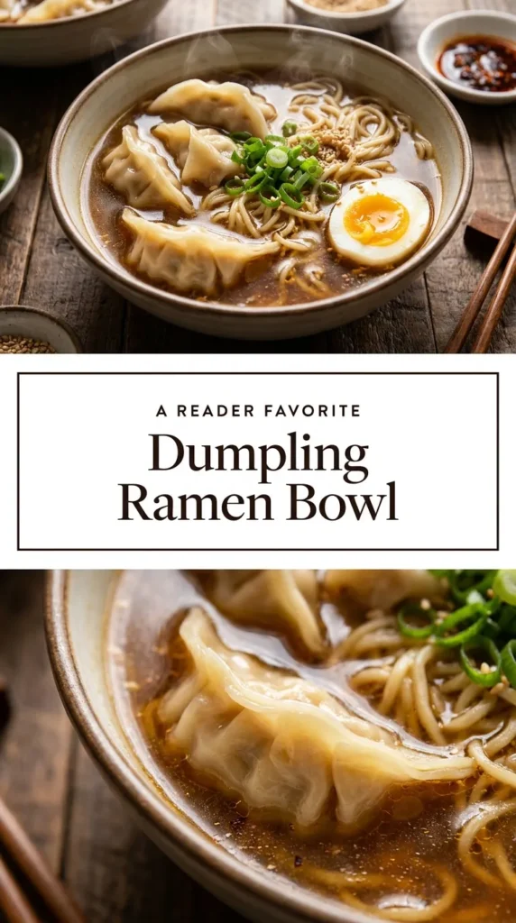 A bowl of ramen with noodles, broth, steamed dumplings, a soft boiled egg, green onions, and sesame seeds.