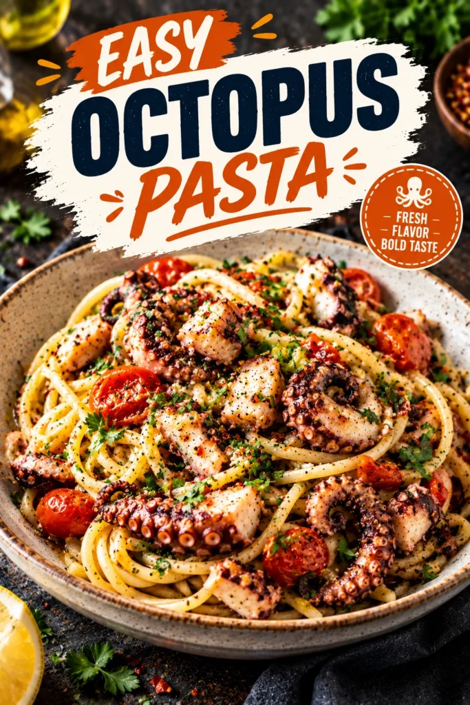 Pasta tossed with tender octopus pieces, minced garlic, and fresh parsley, garnished with lemon slices in a white bowl.
