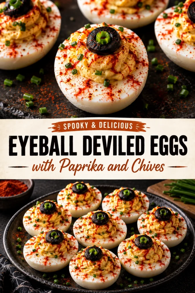 Deviled eggs topped with a slice of green olive and a pimento piece to look like eyeballs, garnished with chives.