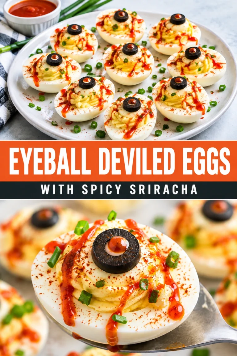 Deviled eggs topped with sriracha-infused filling, sliced black olives for pupils, and thin slices of fresh jalapeño for irises.