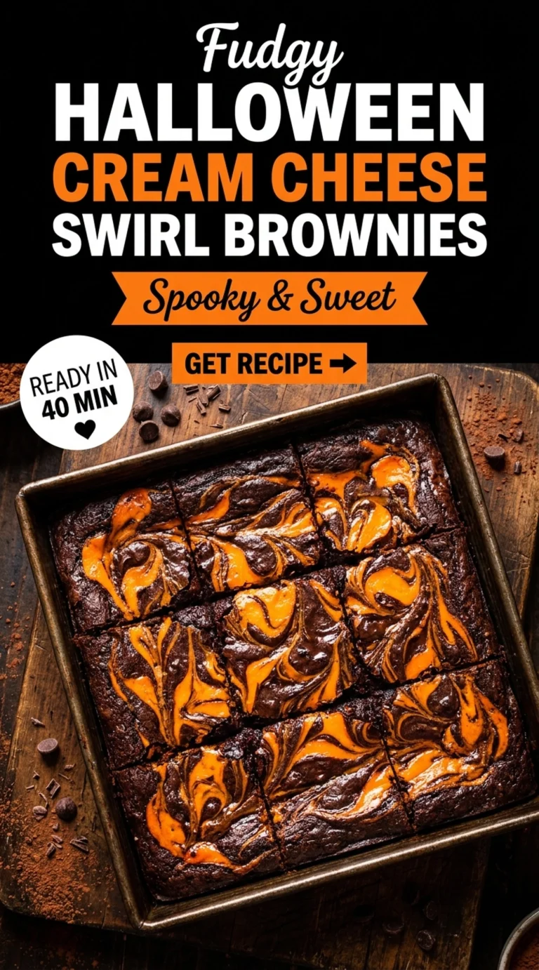 Square fudgy chocolate brownies topped with an orange and white cream cheese swirl, sliced into squares on a platter.