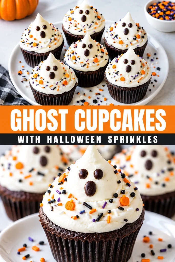 Vanilla cupcakes topped with white ghost-shaped frosting, small chocolate chip eyes, and colorful Halloween sprinkles on a platter.