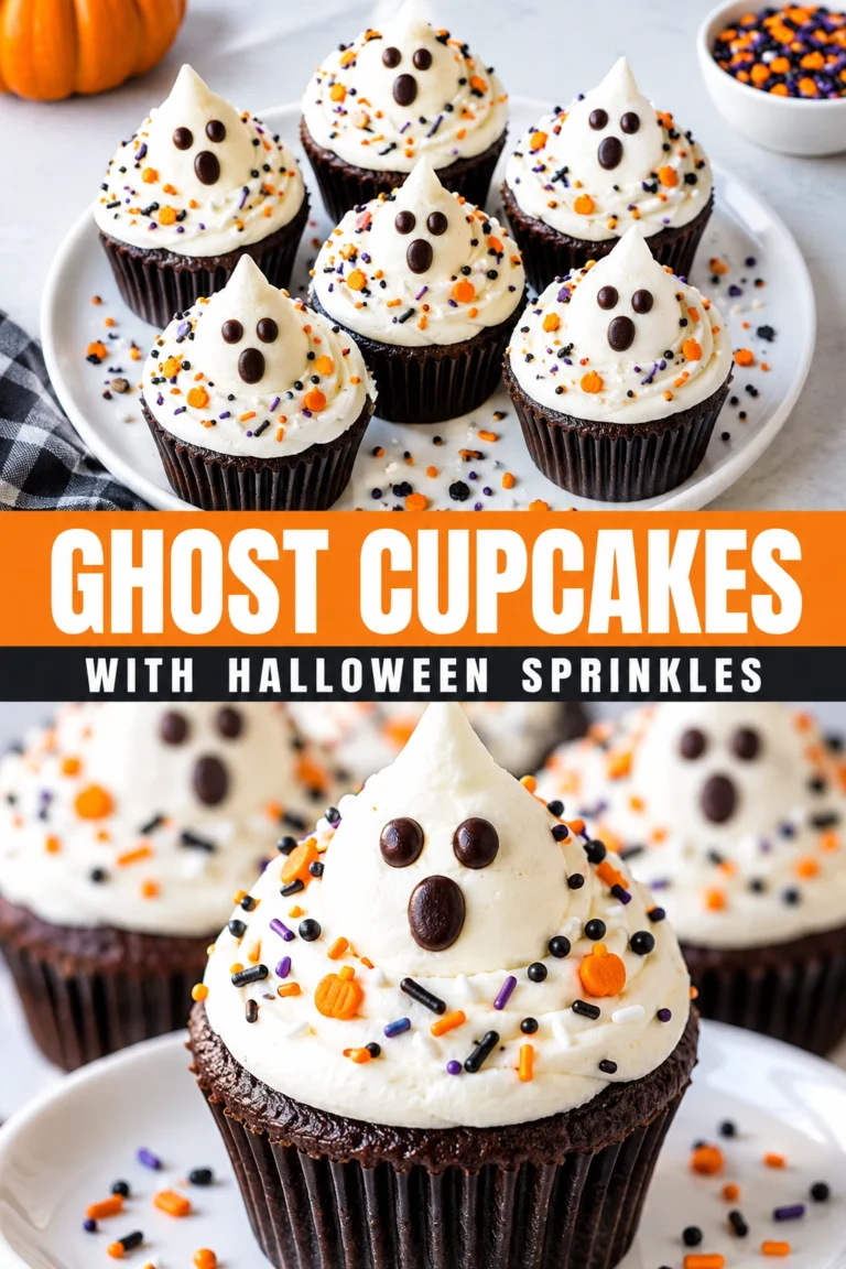 Vanilla cupcakes topped with white ghost-shaped frosting, small chocolate chip eyes, and colorful Halloween sprinkles on a platter.