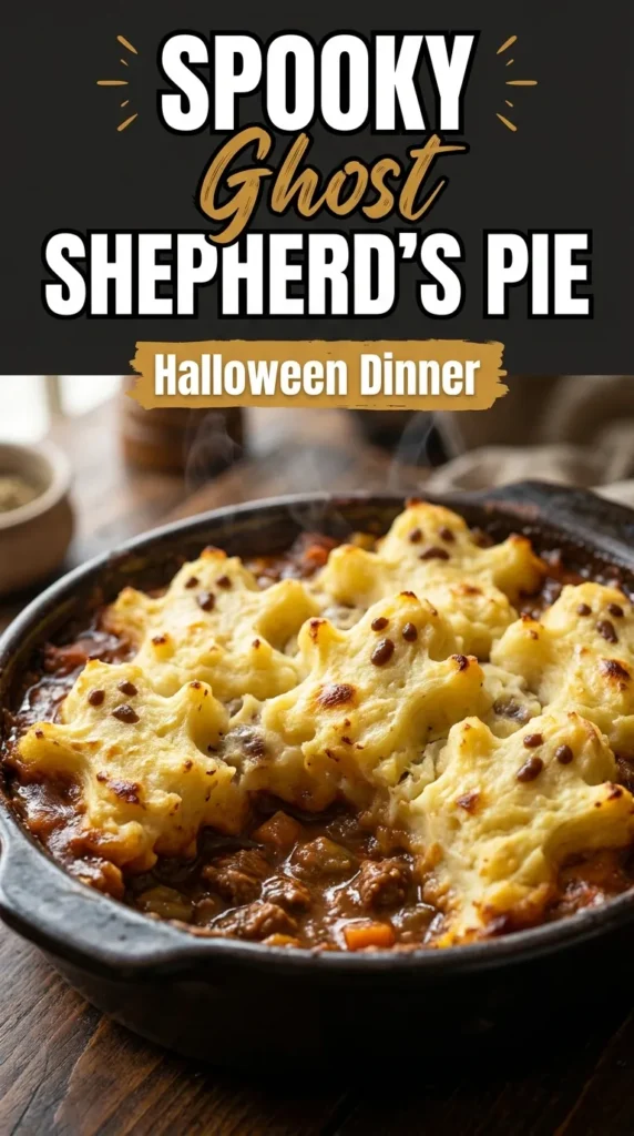 Shepherd's pie with meat and vegetables topped with mashed potatoes piped into three spooky ghost shapes with olive eyes.