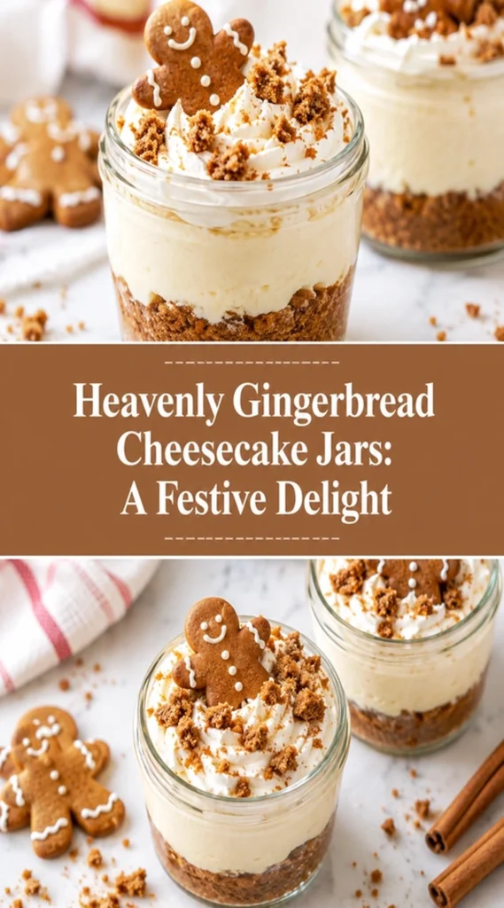 Layered gingerbread cheesecake in small glass jars, topped with whipped cream and a small gingerbread cookie garnish.