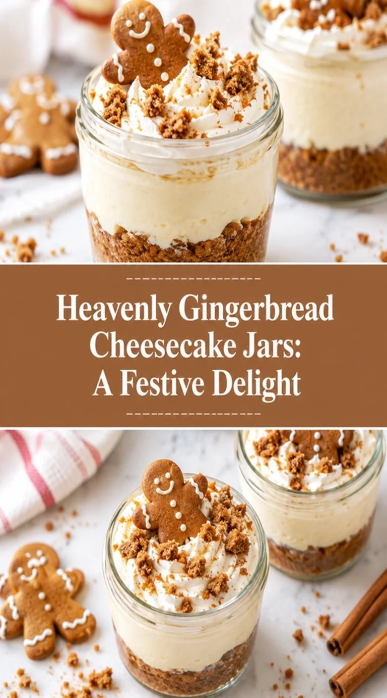 Layered gingerbread cheesecake in small glass jars, topped with whipped cream and a small gingerbread cookie garnish.