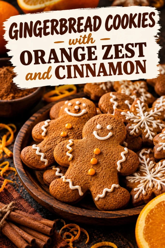 A stack of gingerbread cookies dusted with cinnamon and orange zest, arranged on a rustic wooden serving board.