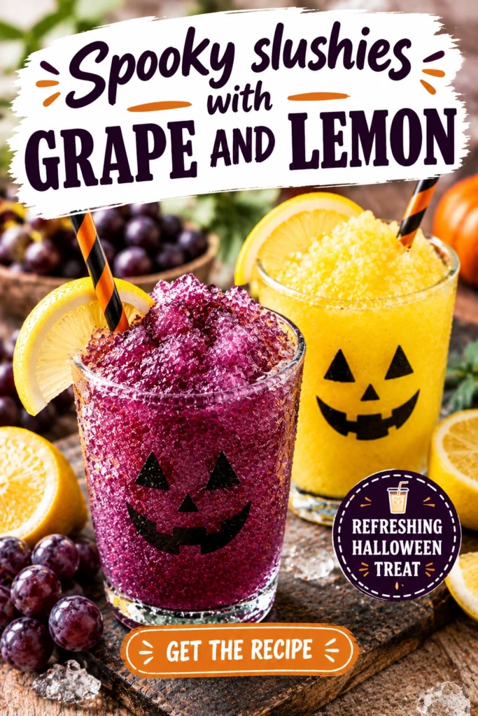 Two glasses of layered purple grape and yellow lemon slushies topped with gummy worms and spooky eye garnishes.