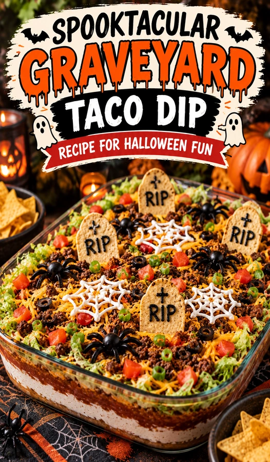Layered taco dip topped with guacamole and sour cream, featuring tombstone-shaped tortilla chips and a small plastic skeleton.