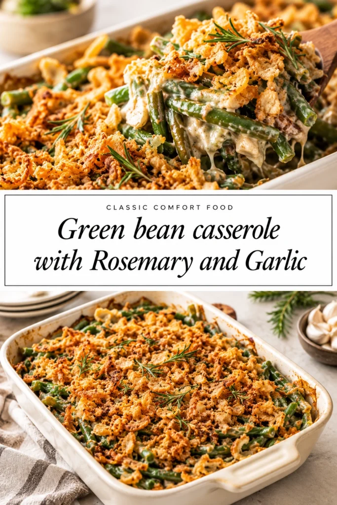 Green bean casserole in a white baking dish topped with crispy fried onions and fresh rosemary sprigs.